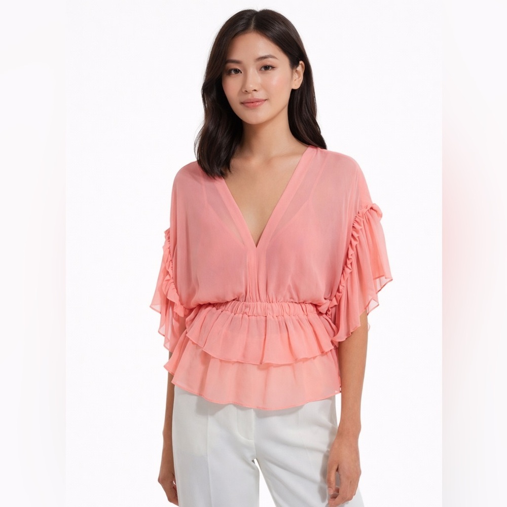 The Kooples Ruffled Chiffon V-Neck Top | Size 2 (Medium) | NWT